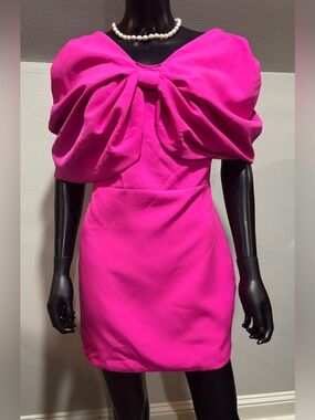 Shoulder Baring Raspberry Pink Bow Mini Dress Sz M Back Zip Lined
